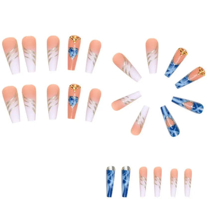 24pcs Fake Nails Square Head French Nail Glitter Rhinestone Waterproof Faux Medium Fingernails