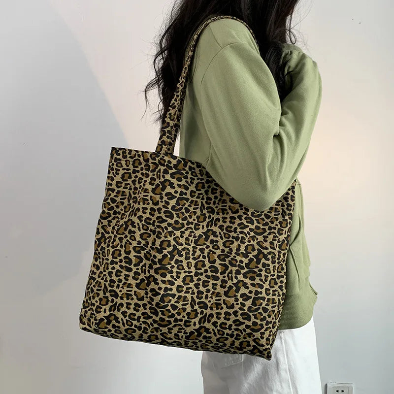 Large Women's Shopping Bag 2024 Summer Ladies Canvas Shoulder Tote Bags Aesthetic Green Leopard Fashion Ecobag Cloth Handbags