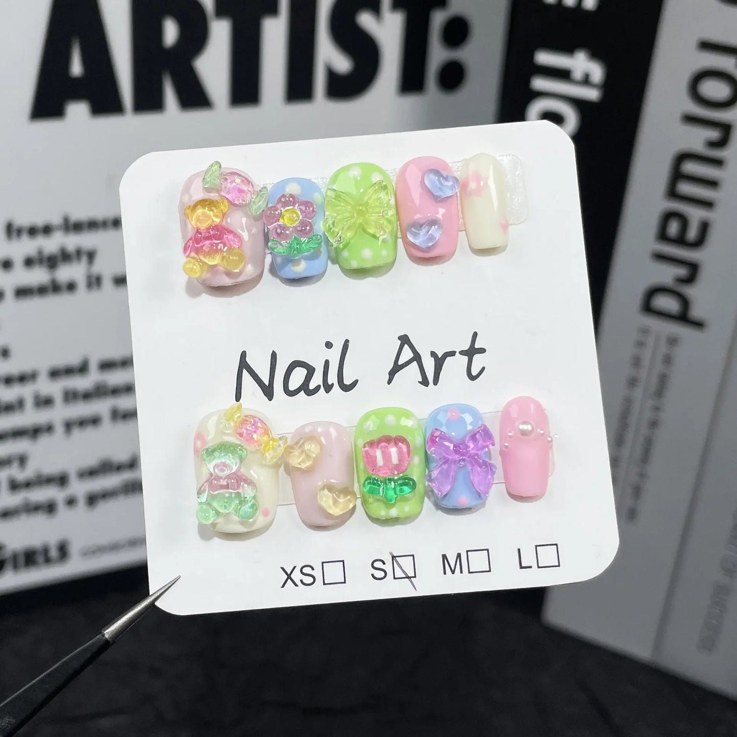 10Pcs Short Handmade Cute Press on Nails Sweet French Rhinestone Full Cover Fake Nail Coffin Manicure Wearable Nail Tips Art