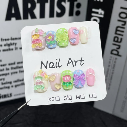 10Pcs Short Handmade Cute Press on Nails Sweet French Rhinestone Full Cover Fake Nail Coffin Manicure Wearable Nail Tips Art