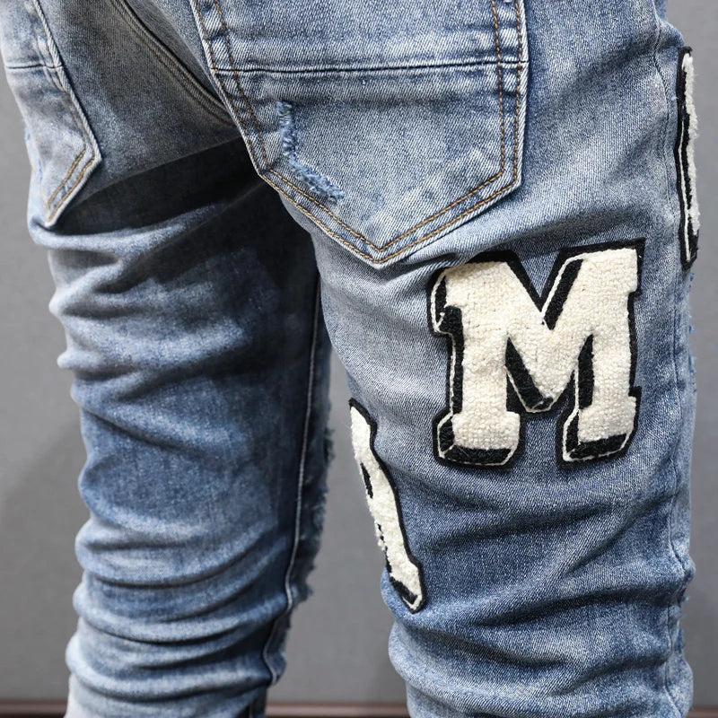 Designer street fashion men's jeans with elastic tight fit washed blue embroidery men's jeans hip-hop style pants hombre