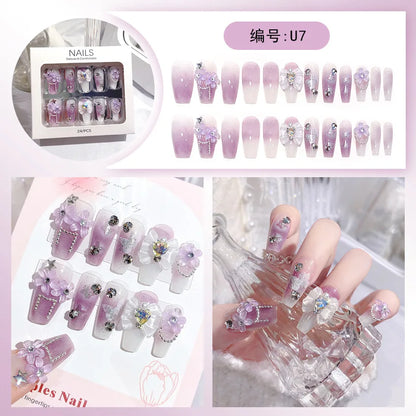 24pcs Full Rhinestones Bridal Press-on Nail Long Lasting Full Coverage Pearl Shiny Artificial Fake Nail For Manicure Decoration