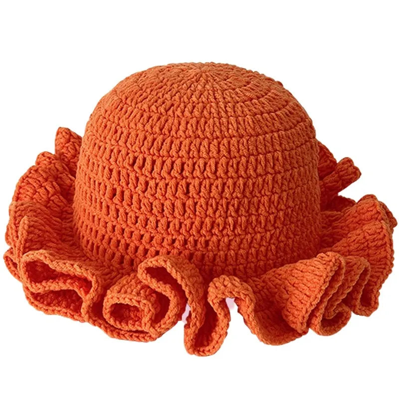 Handmade Crochet Knitted Hats Women Girl Crochet Scallop Ruffle Edge Knit Bucket Caps Adult Trendy Rainbow Striped Beach Sun Hat