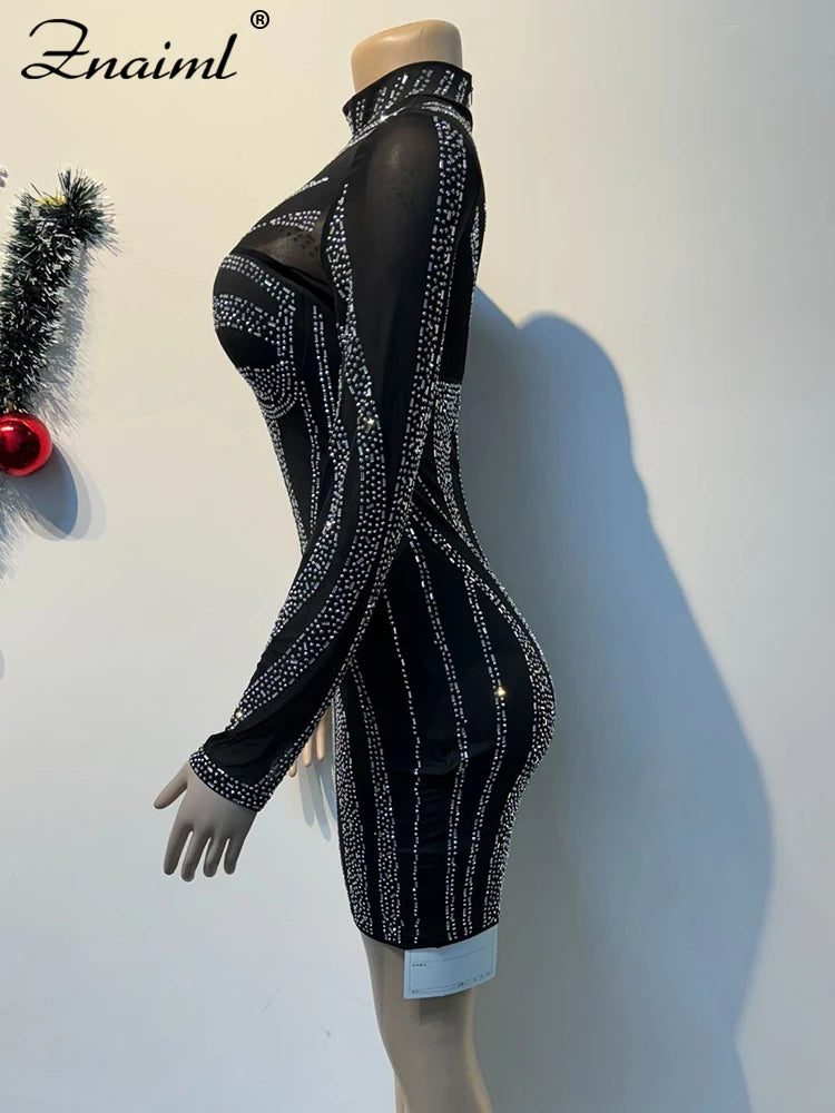 Sexy Skinny Wrap Hip Evening Dress Women Mesh See Through Long Sleeve Rhinestone Hot