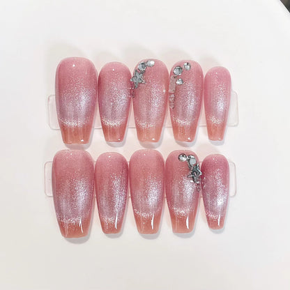 10Pcs Pink Cat's Eye Heart Design Fake Nails Short Round Head l