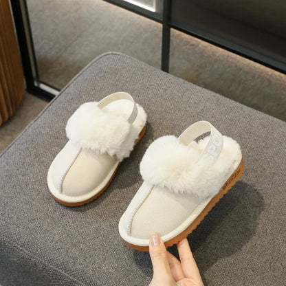 Children Toes Wrapped Plush Slippers Kids Classic Slippers Winter Anti Slip Thick Soled Girls Fur Cotton Shoes Britain Style