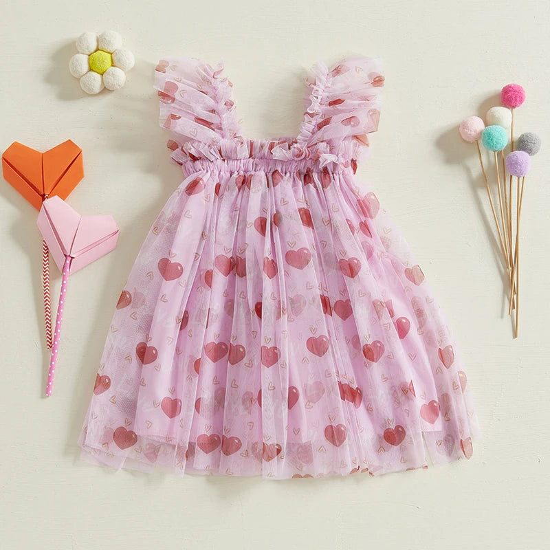 Summer Toddler Kids Girls Valentines Day Dress Casual Heart/Letter/Bow Print Mesh Tulle Dress for Princess Party Cute Clothes