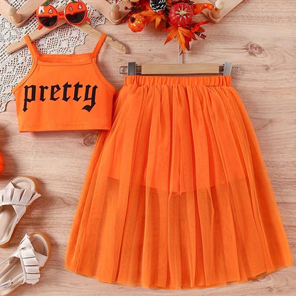 5-14 Years Teenagers Girls Clothing Sets Summer New Cotton Fashion Top + Mesh Skirt Two Piece Set