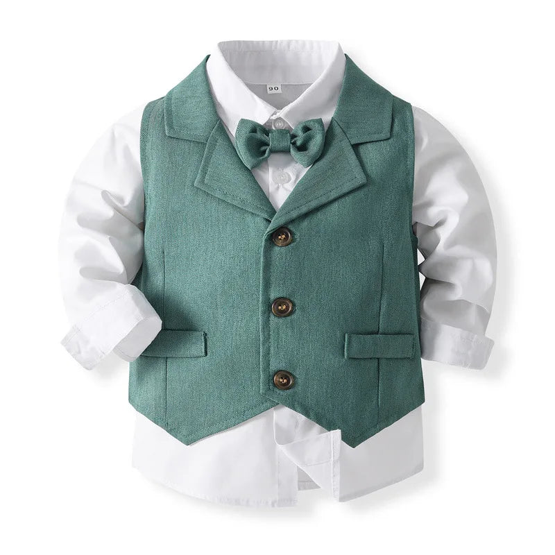 Baby Boy Formal Suit Gentleman Clothes Sets Autumn Children Birthday Wedding Party Dress Suit Sets Bowtie Shirt+Vest+Trouser Set