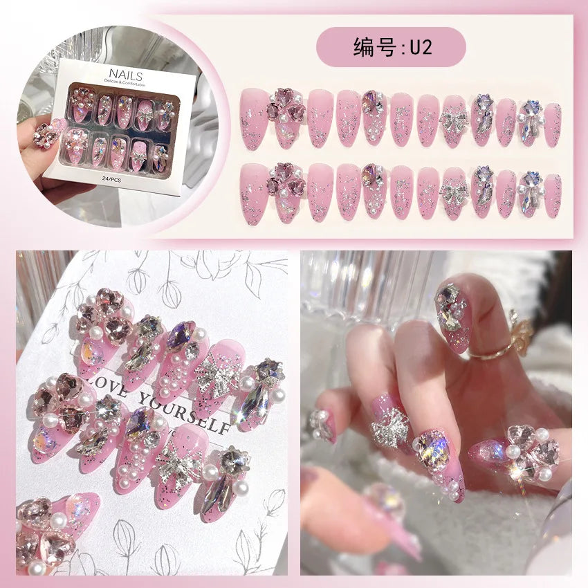 24pcs Full Rhinestones Bridal Press-on Nail Long Lasting Full Coverage Pearl Shiny Artificial Fake Nail For Manicure Decoration