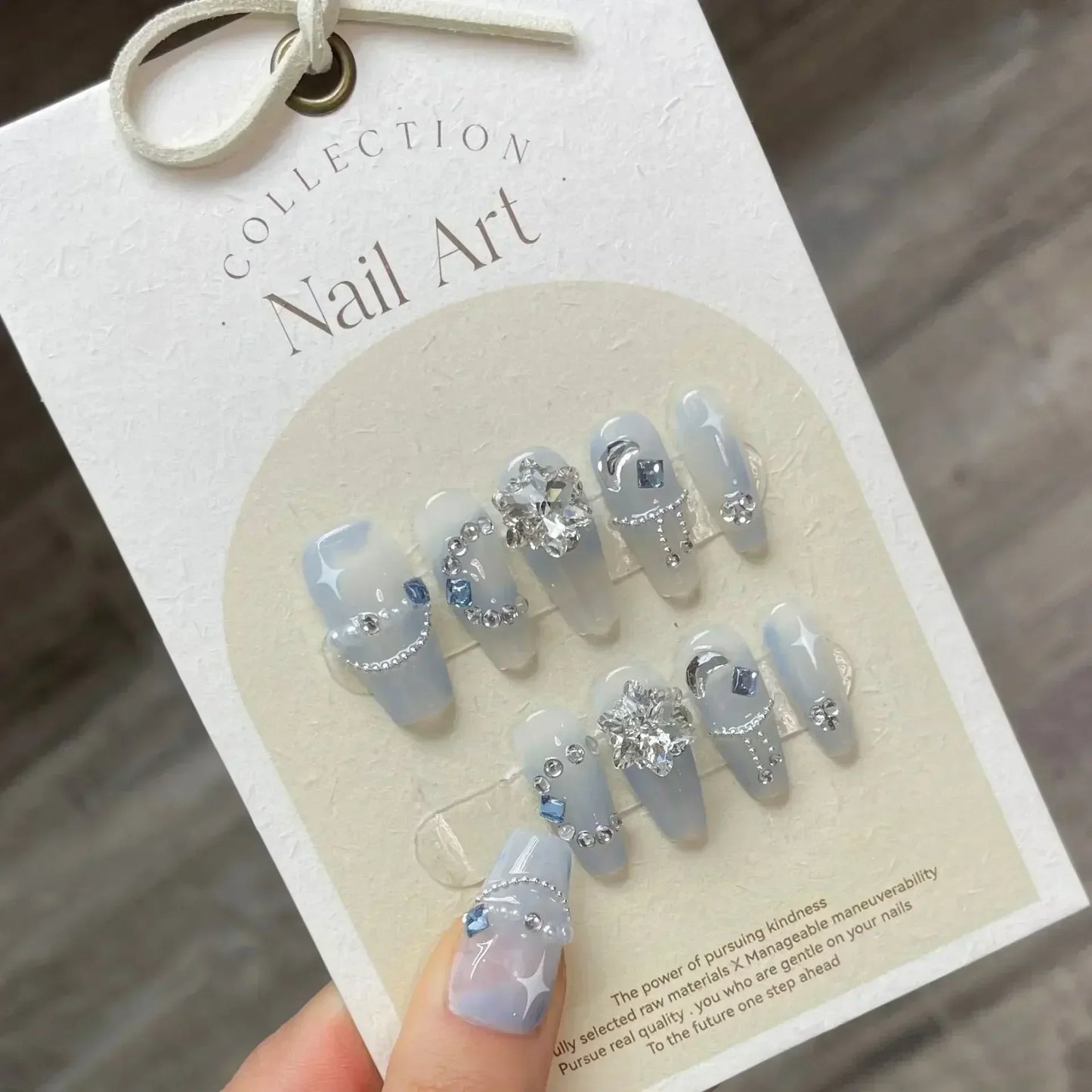 10Pcs Ballet Blue Fake Nails with 3D Ocean Moon Rhinestone Design False