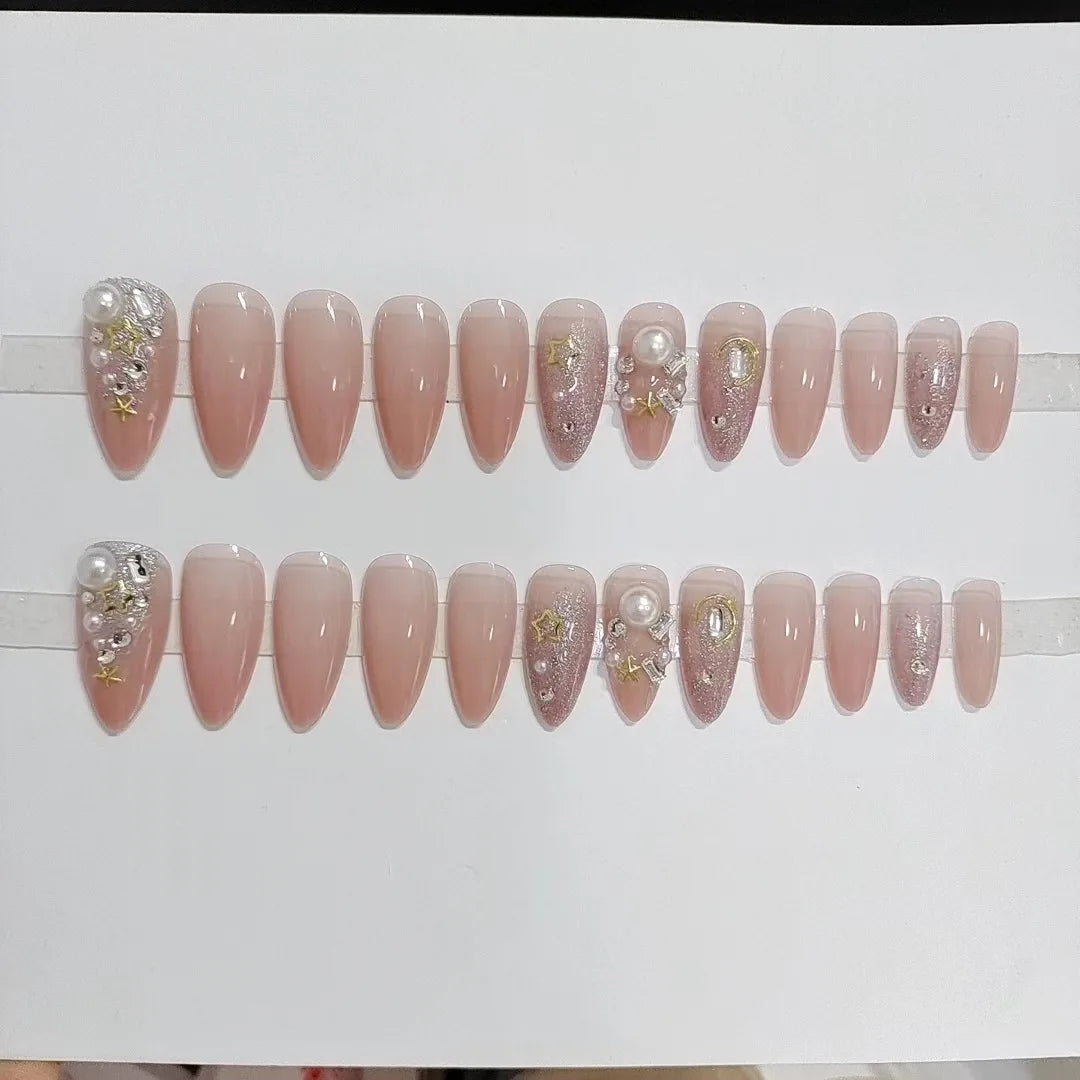 24pcs Beige Crystal Fake Nail Patch Cat Eye Aurora False Nails Fashion Cateye Short Press on Nail Tips Wearable Full Cover