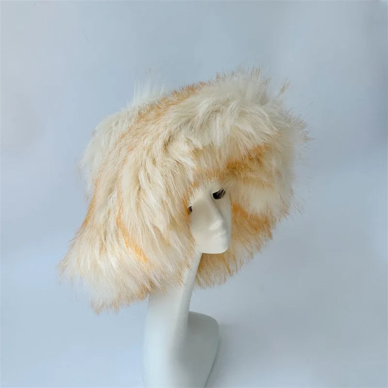 Fur bucket hat and bag set Women's warm plush autumn and winter hat Punk style imitation raccoon fur basin hat and handbag