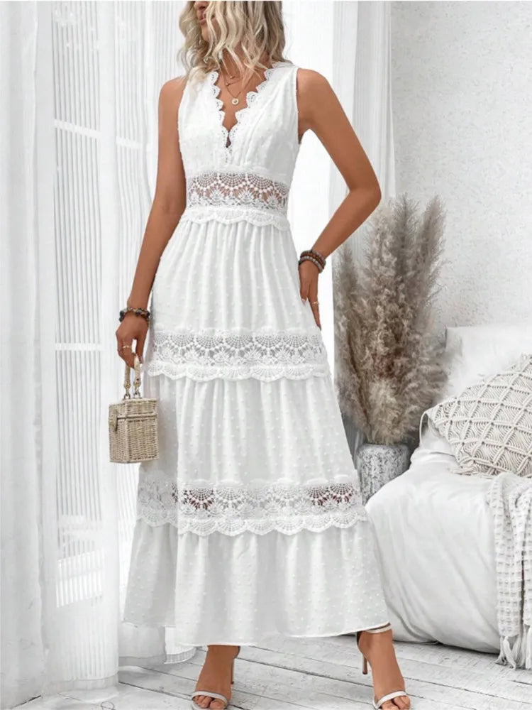 Women's White Party Dress Fashion Lace V-neck Ruffle Hook Flower Hollow Waist Maxi  Dresses