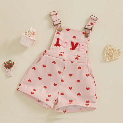 BeQeuewll Sweet Kids Girls Suspender Jumpsuit Romper Princess Heart Print Letter Embroidery Toddler Overalls Shorts Playsuits