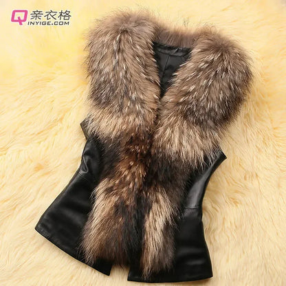 Women Leather Jacket Fur Collar Stitching Simulation Leather