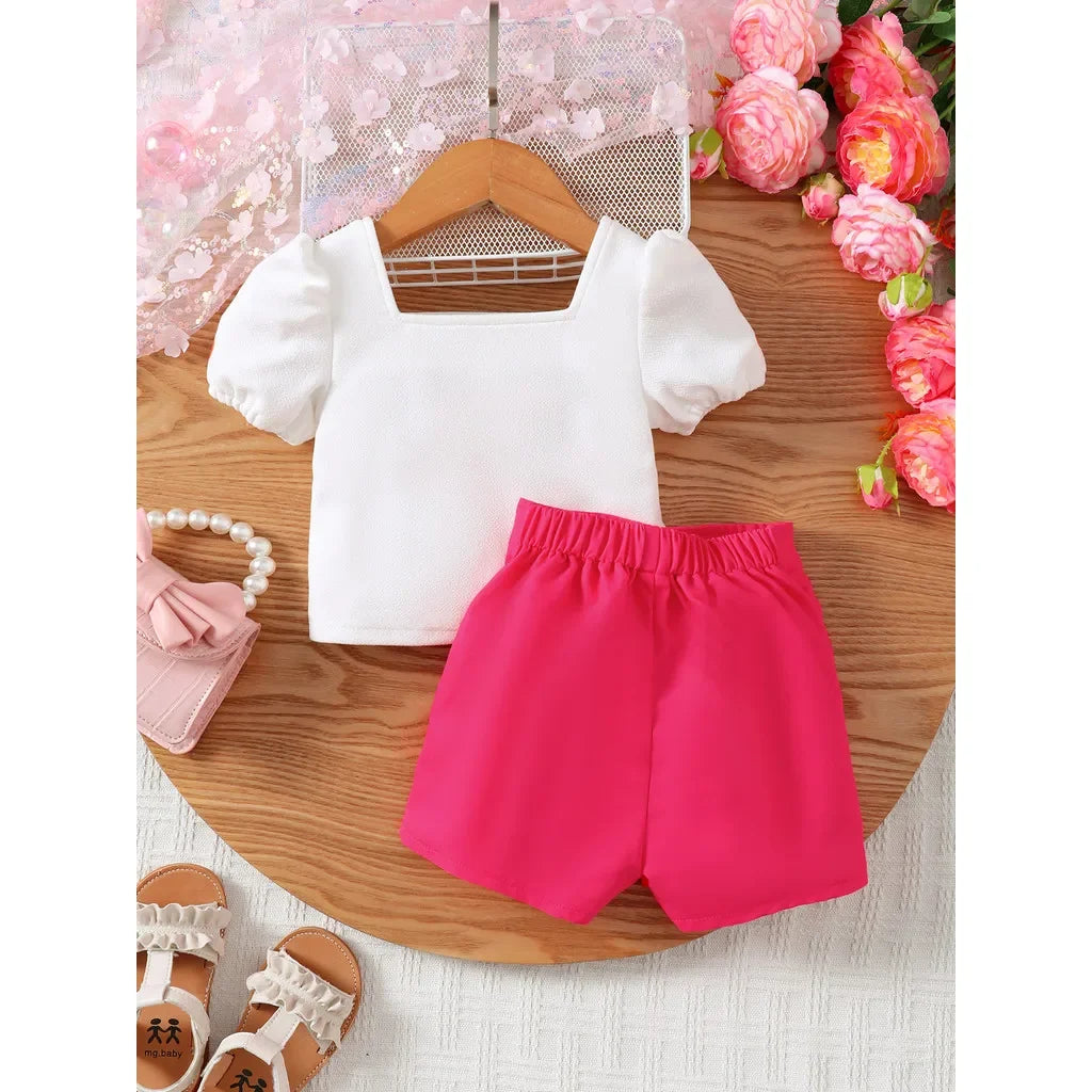 Toddler Baby Girl 2PCS Clothing Set Flower Short Sleeved Top with Pink Bow Shorts Fashion Cute Style Outfit for Infant 0-2 Years