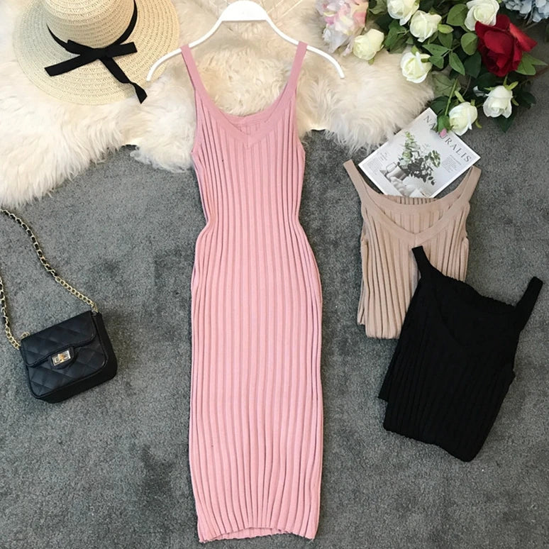 New V Neck Slim Summer Sexy Knit Midi Dress Spaghetti Strap Vestido De Festa Women Casual Party Bodycon Knee-Length Vestidos