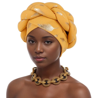 Muslim Headscarf Bonnet Turbante mujer Feather Gold Stamping Braids Turban Cap for Women Fashion African Lady Head Wraps