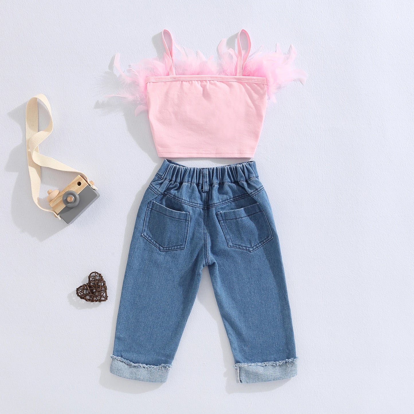 Girls Summer Clothing Outfit Sets Fashion Kid Children Pink Sleeveless Feather Camisole + Denim Pants with Pockets