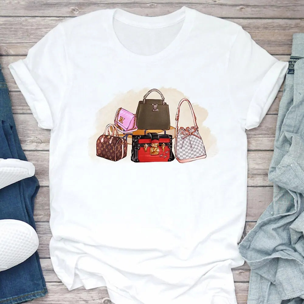 Women's T Shirt Summer Fashion Girl Bag Printed Ladies T-shirt Casual Short Sleeve Female Clothing Top Tee White T-shirt