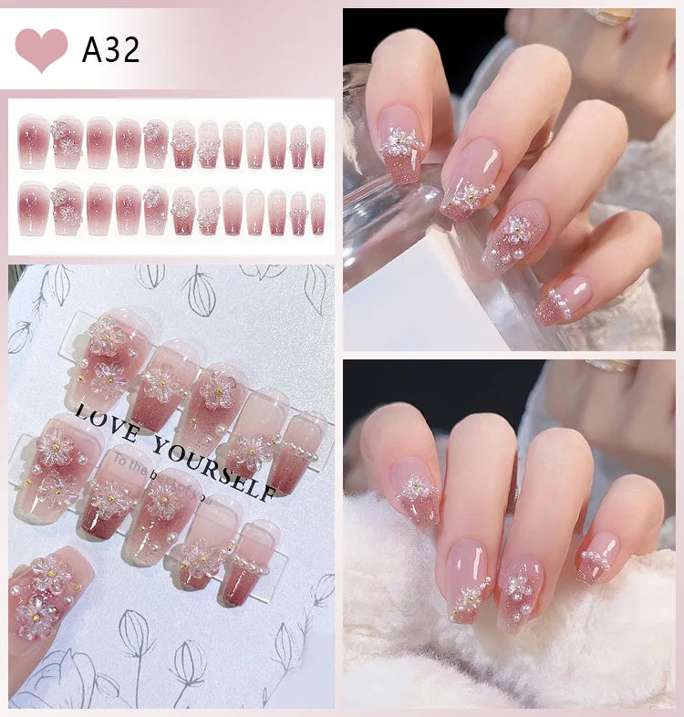 24pcs Full Rhinestones Bridal Press-on Nail Long Lasting Full Coverage Pearl Shiny Artificial Fake Nail For Manicure Decoration