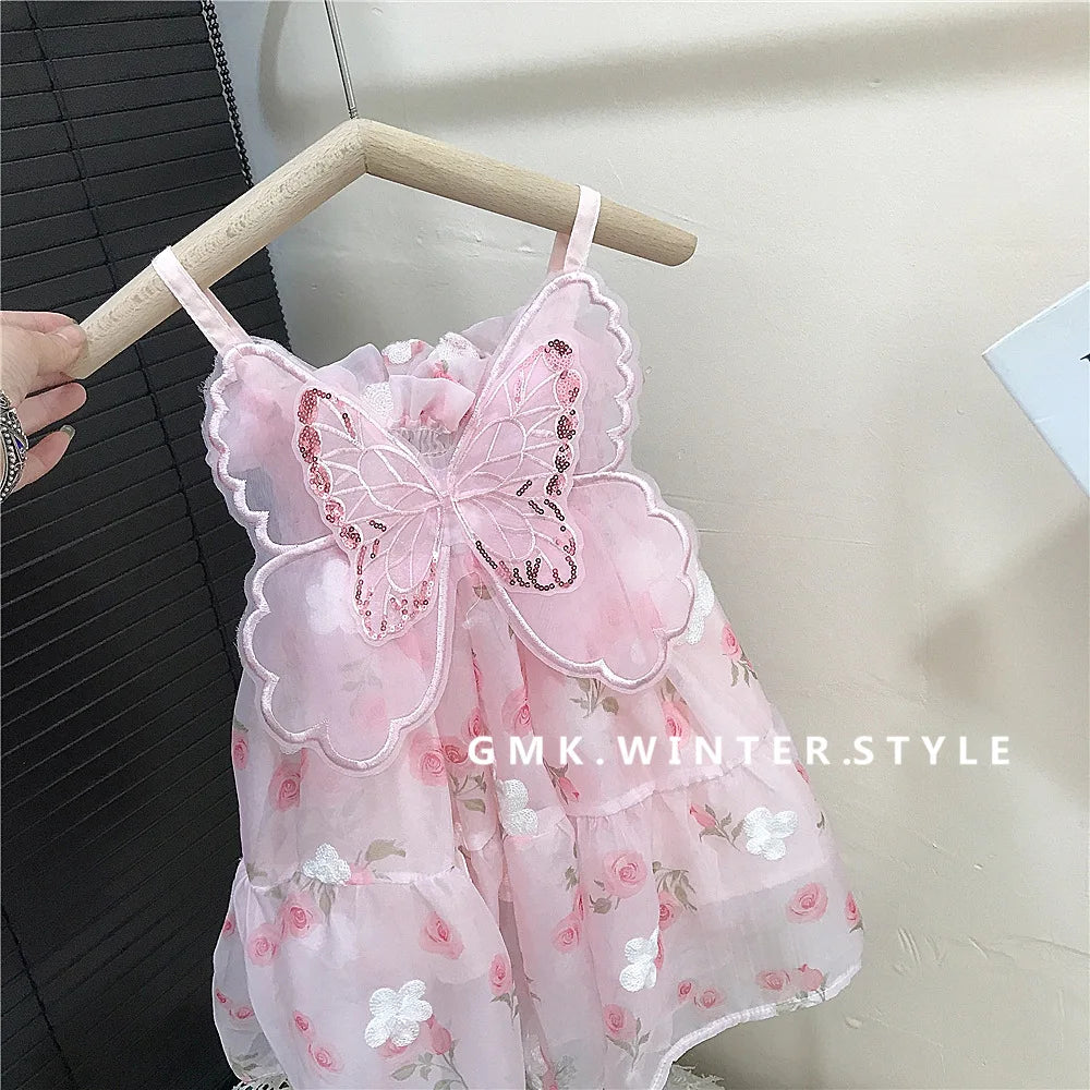 (0-3 years old) Summer Baby Girl Flower Printed Sweet Princess Dress Girl Back Bow Wings Birthday Party Dress