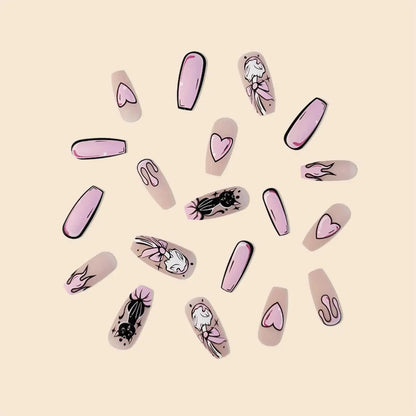 24Pc/Set Long Ballet Pink French Heart Geometric Cat Cartoon Patterns Printed Full Coverage Wearable Fake Nail Press on Nail Art