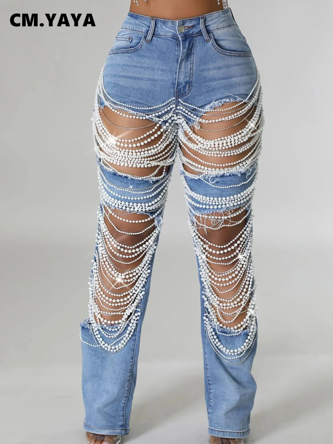 Women Fashion Pearl Beading Ripped Hollow Out Tassel Wide Leg Jeans 2025 New Summer