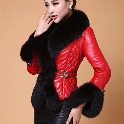 Leather Jacket Women Coat Faux Fox Fur Collar Short Coat PU Leather New Winter Female Jacket Elegant Motorcycle Zipper Outerwear