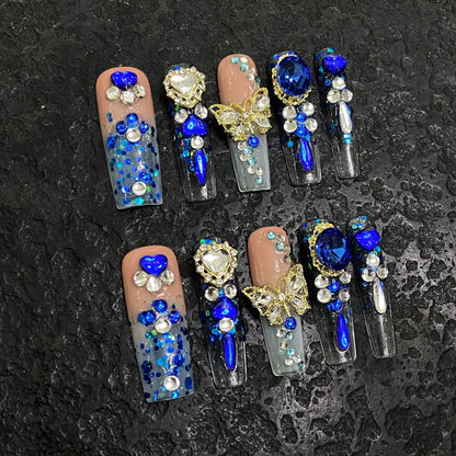 10Pcs Handmade Press On Nails Full Cover Colorful Flower Butterfly French Ballet Summer