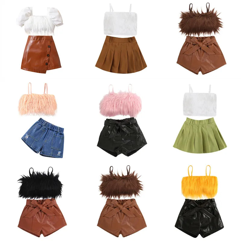 Kid Girl Shorts Sets Outfits Fashion Clothes for Teenager Sleeveless Plush Decor Sling Tops Elastic Waist Shorts with Belt Set