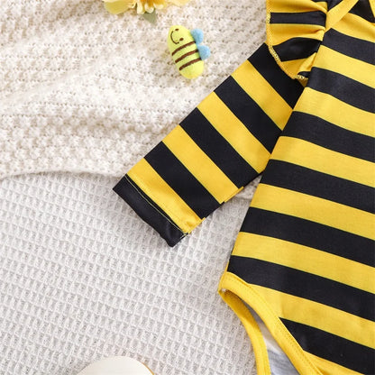 Cute Baby Girls 3 Pieces Sets Striped Long Sleeve Romper Bee Patch Long Flare Overalls Hair Band Outfits Costume