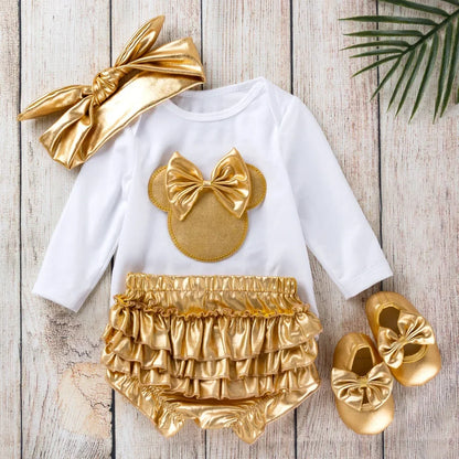 Baby Girl Jumpsuit Set of 4 pieces, Gold Bow Decoration Top, Ruffled Edge Shorts, Jumpsuit for Newborns, Set of 4 pieces/Set