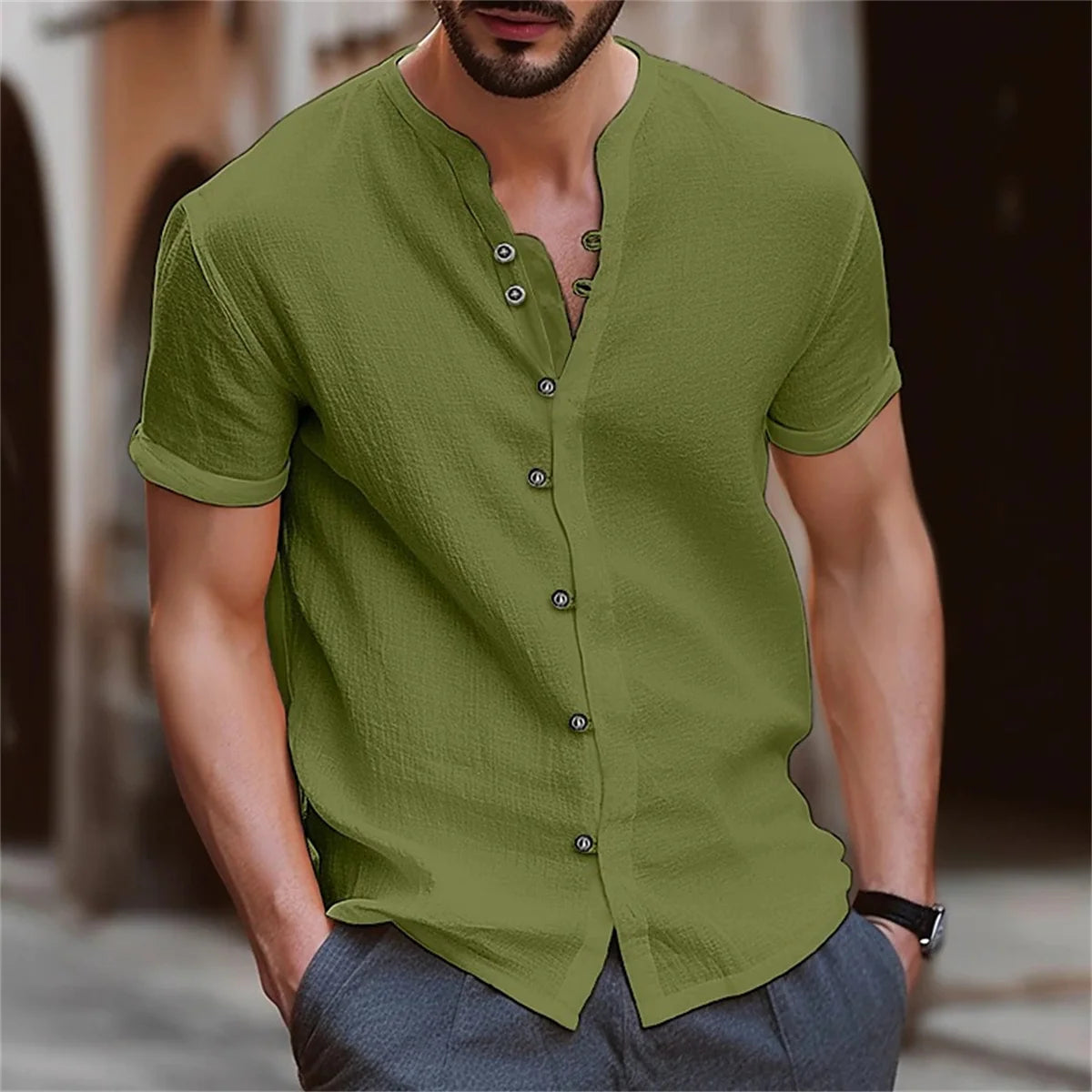 Men's Shirt Cotton Short Sleeve Casual Solid Color Retro Street Style British Style Summer Loose Collar Simple Cardigan