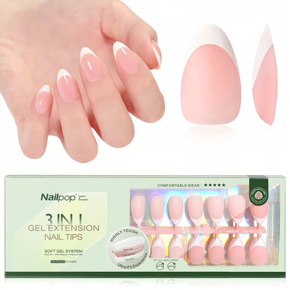 NAILPOP 150PCS Short Coffin Press on Nails 3 in 1 Coat Soft Gel Nail Tips French Tip Press on Nails 15 Sizes of Nail Art DIY