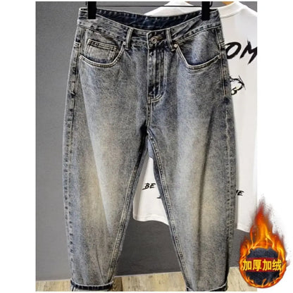 2024 Winter Mens Add Wool Thicken Jeans Mens Printed Casual Stretch Fleece-lined Denim Pants Male Jeans Daily Classical Trousers