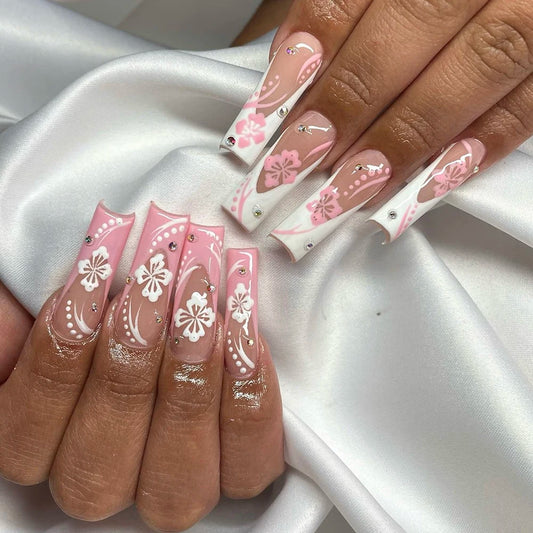 24pcs Medium Coffin White Rhinestone Full Cover Fake Nail Set Floral Press On Nails Sakura Design For Girl Mother Women Gift