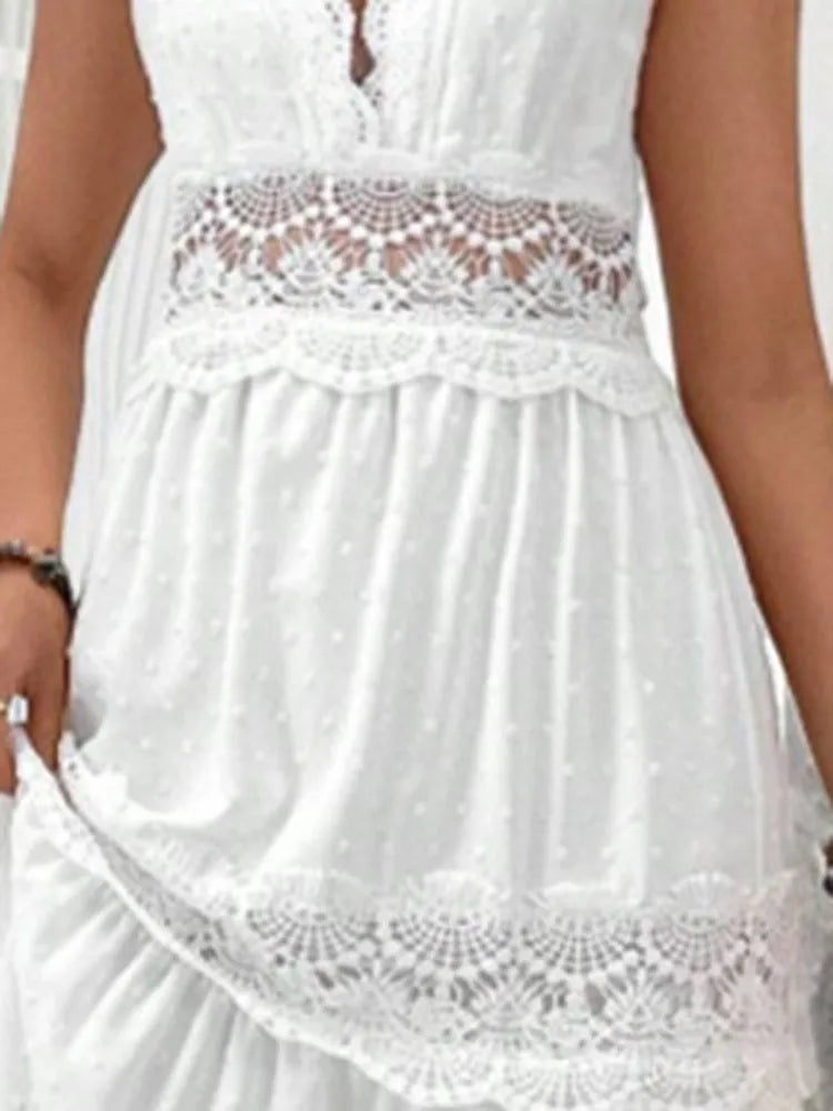 Women's White Party Dress Fashion Lace V-neck Ruffle Hook Flower Hollow Waist Maxi  Dresses