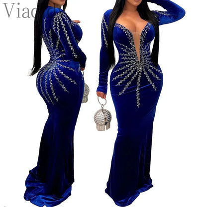 Women Sexy Velvet Mesh Rhinestone V-Neck Floor-Length