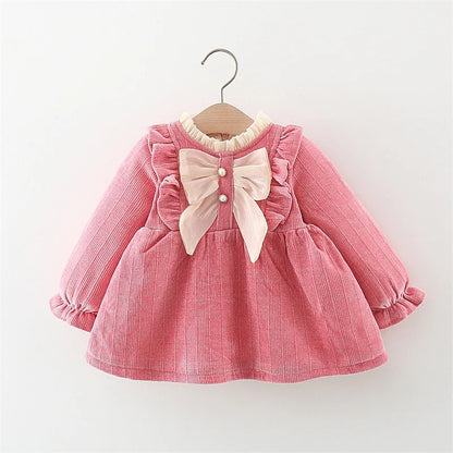 Winter Newborn Girls Clothes Korean Fashion Bow Cute Fleece Warm Thick Long Sleeve Red Baby Dress