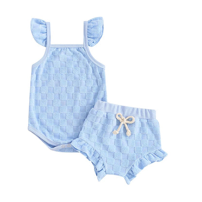 Baby Clothing Girl Summer Clothes Infant Solid Color Plaid Romper with Elastic Waist Shorts Nebworn Set