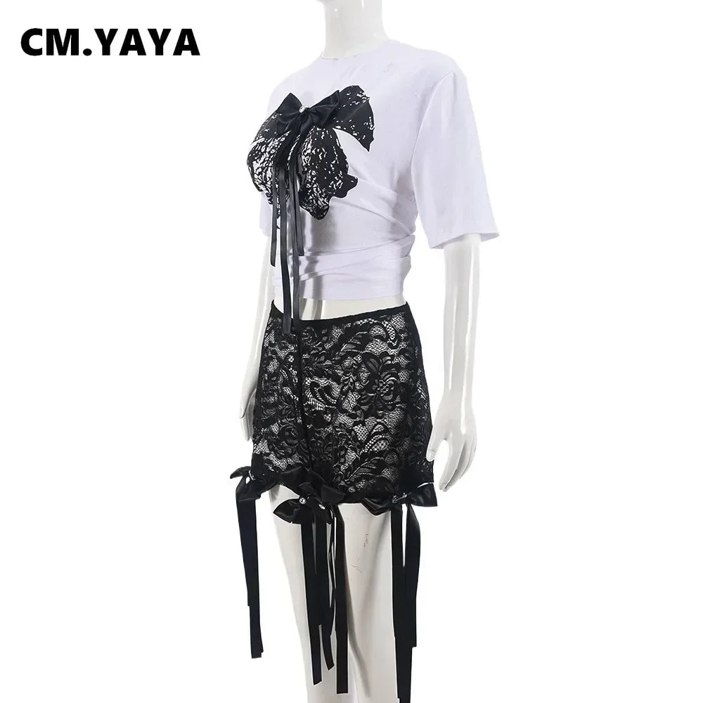 Women's Set Bow O-Neck short sleeve Tops and lace Shorts Suits Streetwear Summer 2025