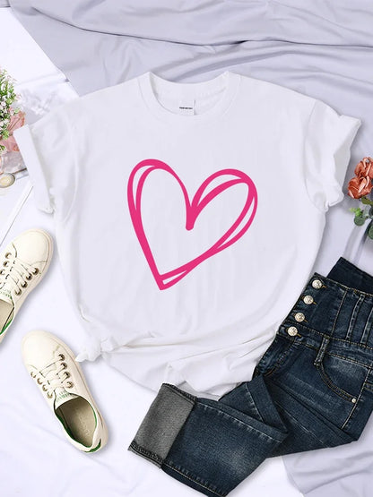 Plus Size Pink Heart Print Women Tee Clothing Personality Casual T-Shirts All-math Short Sleeve Creative O-Neck Womans Tops