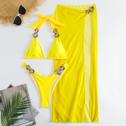 Yellow Sexy Rhinestones Bikinis 2025 Women Swimwear