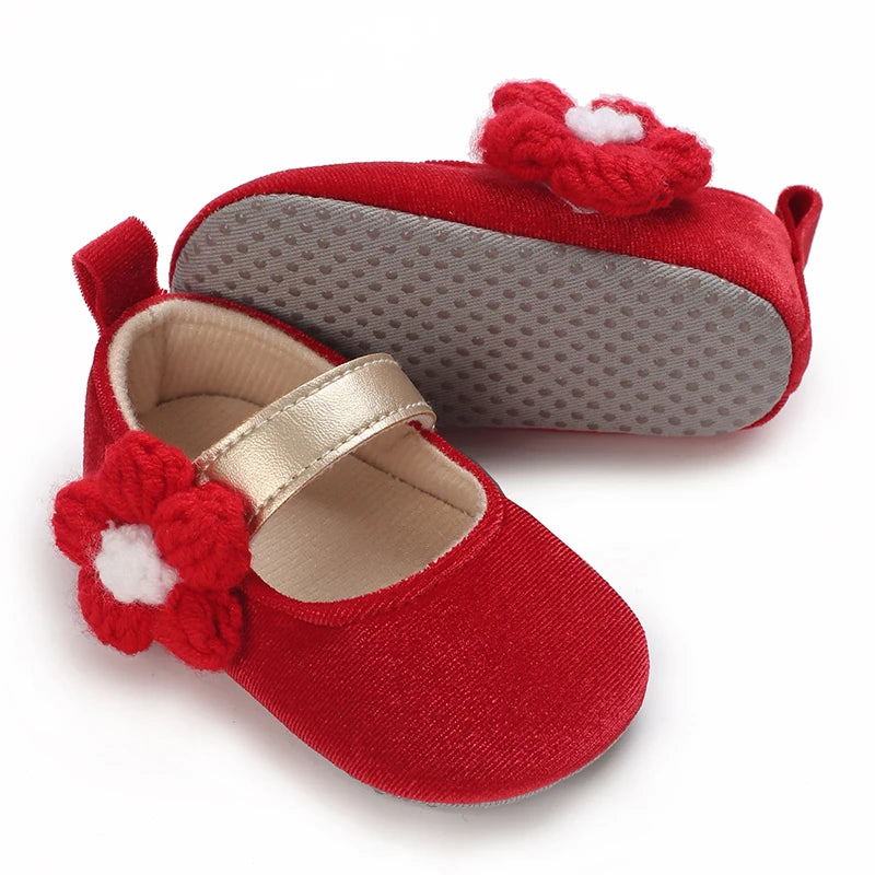 Newborn Baby Shoes Baby Girl Shoes Girl Classic Red Bowknot Rubber Sole Anti-slip PU Dress Shoes First Walker Toddler Crib Shoes