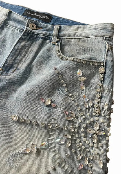 Shorts Y2K Jeans Womens Harajuku Hip Hop Gothic Rhinestone Sequin Retro Blue Baggy Denim Shorts High Waist Fashion Casual Shorts