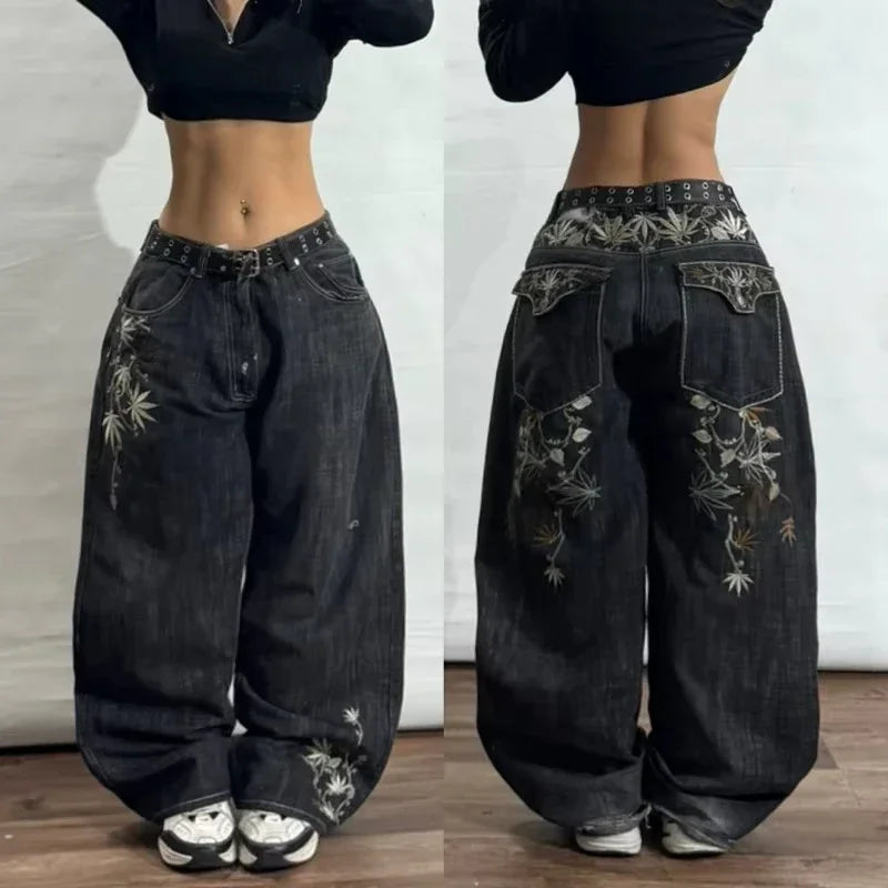 American New Fashion Pattern Embroidery Washing Old Baggy Jeans Men Y2K Harajuku Vintage High Waist Wide Leg Denim Trousers