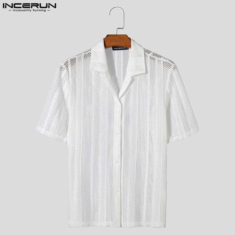 INCERUN Men's Shirt Mesh Transparent Lapel Short Sleeve Summer Camisas Streetwear 2024 Hollow Out Fashion Casual Shirts S-5XL