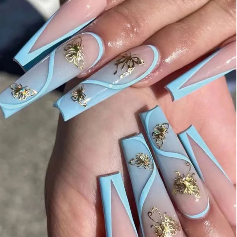 24Ps Super Long Ballet Wearable Fake Nails Blue Diamond Small Flower Press on Nail Stickers Finished Removable False Nail Pieces